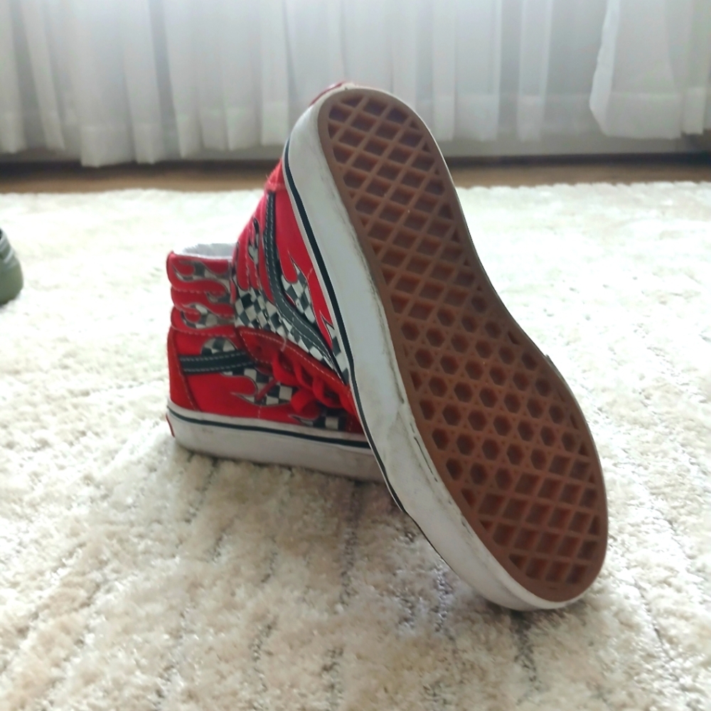 Red high top vans with checkerboard flames